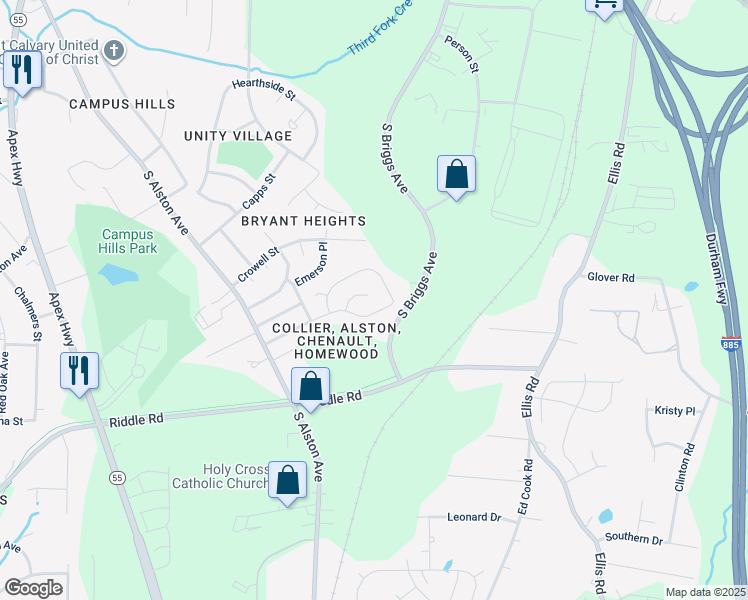 map of restaurants, bars, coffee shops, grocery stores, and more near 12 Jonathan Circle in Durham