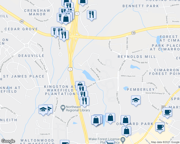 map of restaurants, bars, coffee shops, grocery stores, and more near 1738 Pasture Walk Drive in Wake Forest