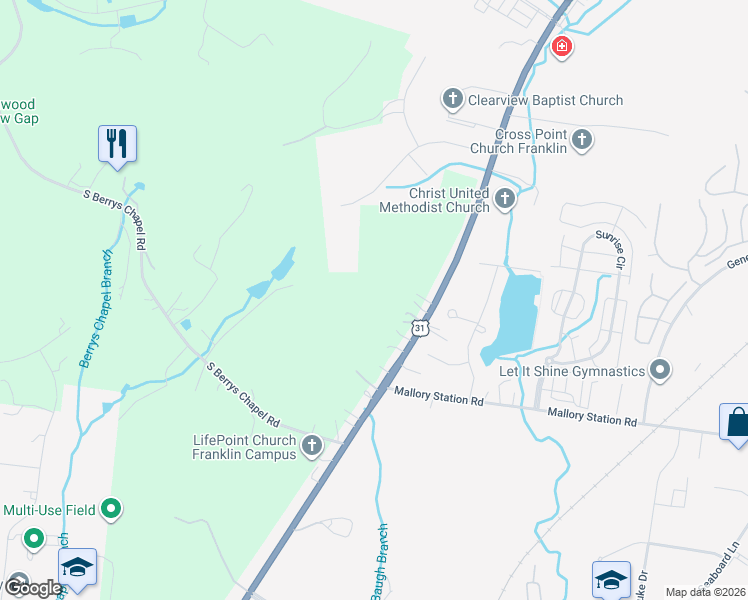 map of restaurants, bars, coffee shops, grocery stores, and more near 479 Franklin Road in Franklin