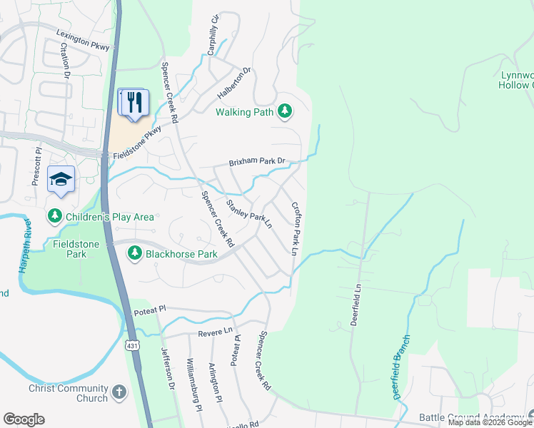 map of restaurants, bars, coffee shops, grocery stores, and more near 300 Stanley Park Lane in Franklin