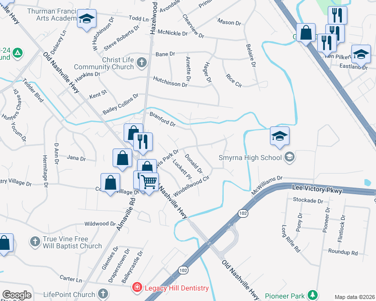 map of restaurants, bars, coffee shops, grocery stores, and more near 211 Davis Park Drive in Smyrna