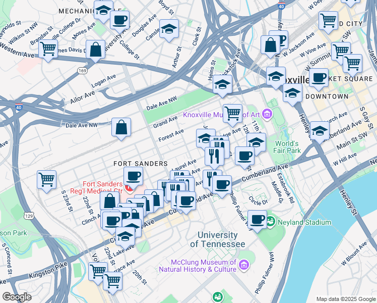 map of restaurants, bars, coffee shops, grocery stores, and more near 382 16th Street in Knoxville