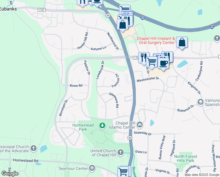 map of restaurants, bars, coffee shops, grocery stores, and more near 209 Tremont Circle in Chapel Hill