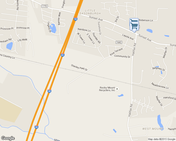 map of restaurants, bars, coffee shops, grocery stores, and more near Community Drive in Rocky Mount