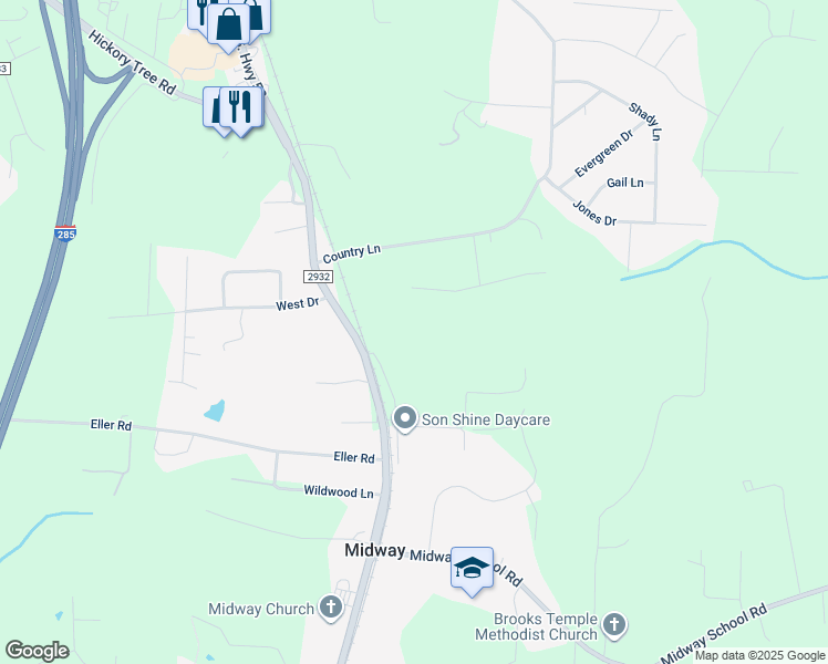 map of restaurants, bars, coffee shops, grocery stores, and more near East Eller Drive in Winston-Salem
