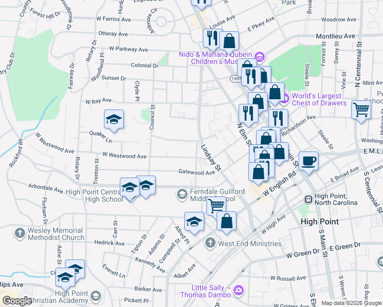 map of restaurants, bars, coffee shops, grocery stores, and more near 603 Quaker Lane in High Point