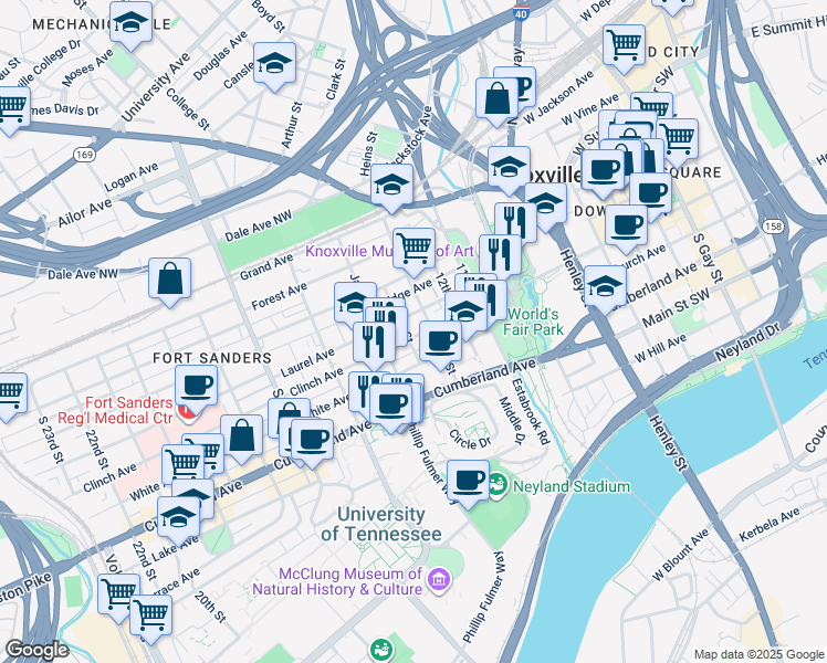 map of restaurants, bars, coffee shops, grocery stores, and more near 510 14th Street in Knoxville