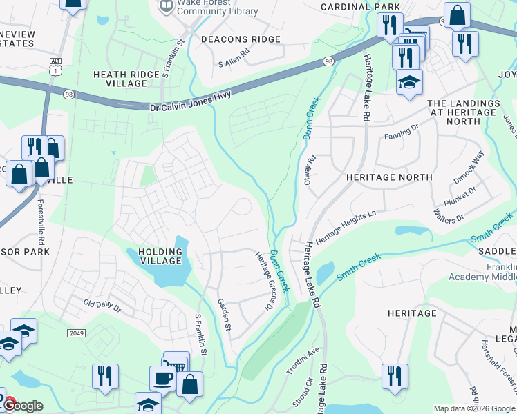 map of restaurants, bars, coffee shops, grocery stores, and more near Dunn Creek Greenway in Wake Forest