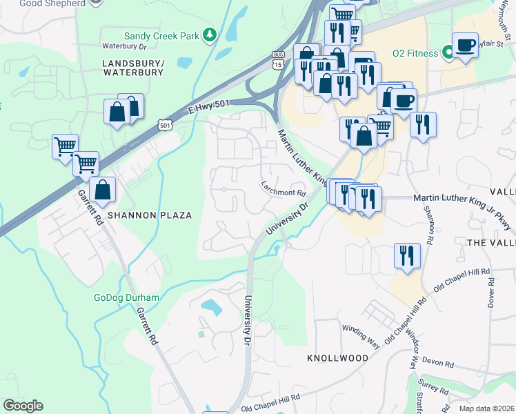 map of restaurants, bars, coffee shops, grocery stores, and more near 614 Snow Crest Trail in Durham