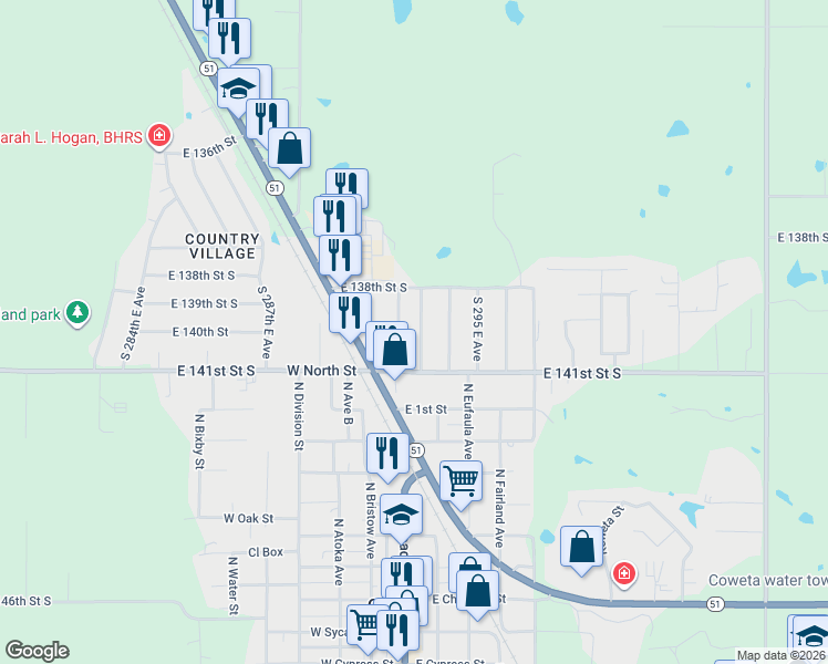map of restaurants, bars, coffee shops, grocery stores, and more near 13855 South 292nd East Avenue in Coweta