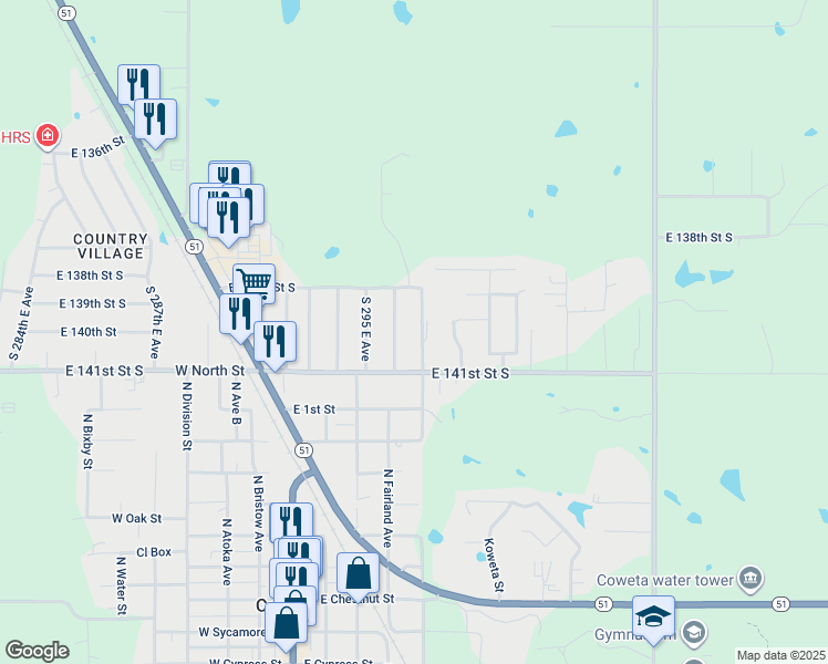 map of restaurants, bars, coffee shops, grocery stores, and more near 13848 South 297th East Avenue in Coweta