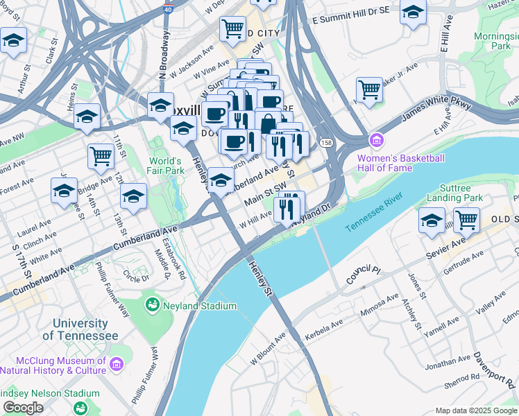 map of restaurants, bars, coffee shops, grocery stores, and more near 510 West Main Street in Knoxville
