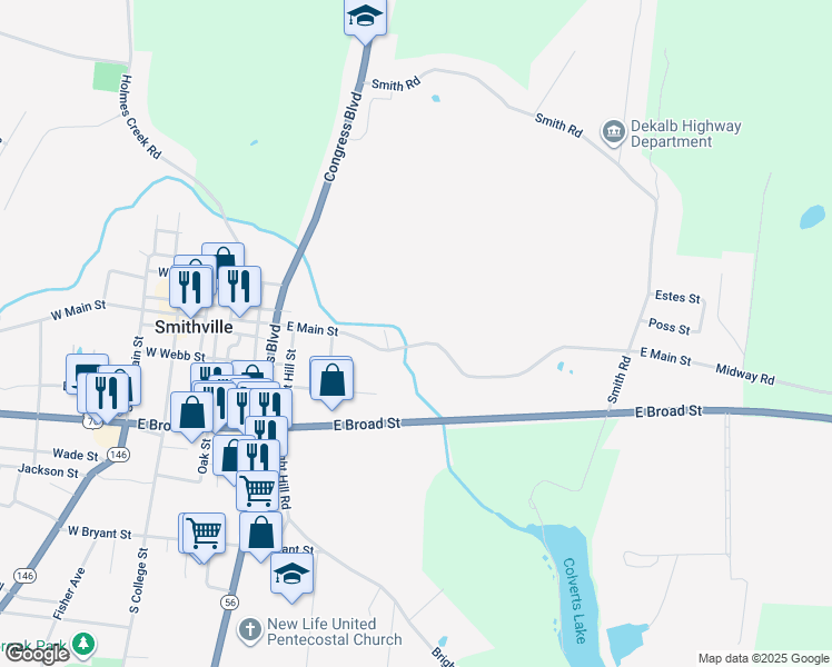 map of restaurants, bars, coffee shops, grocery stores, and more near 510 East Main Street in Smithville