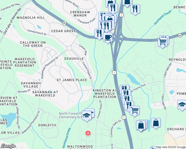 map of restaurants, bars, coffee shops, grocery stores, and more near 12100 Fox Valley Street in Raleigh