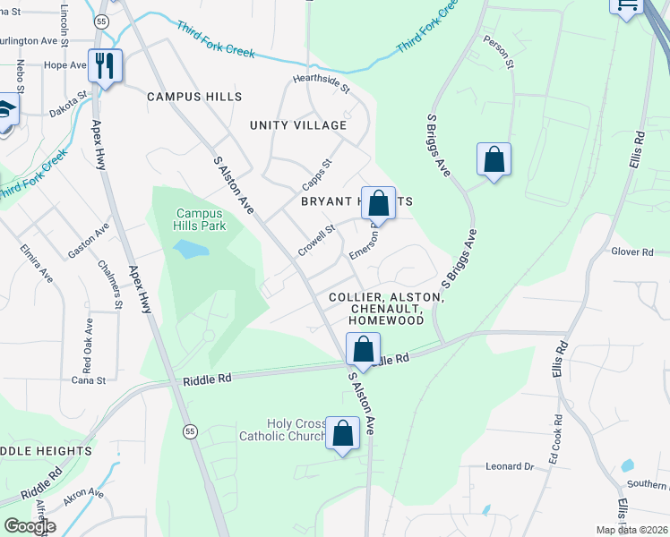 map of restaurants, bars, coffee shops, grocery stores, and more near 2213 Wintergreen Place in Durham