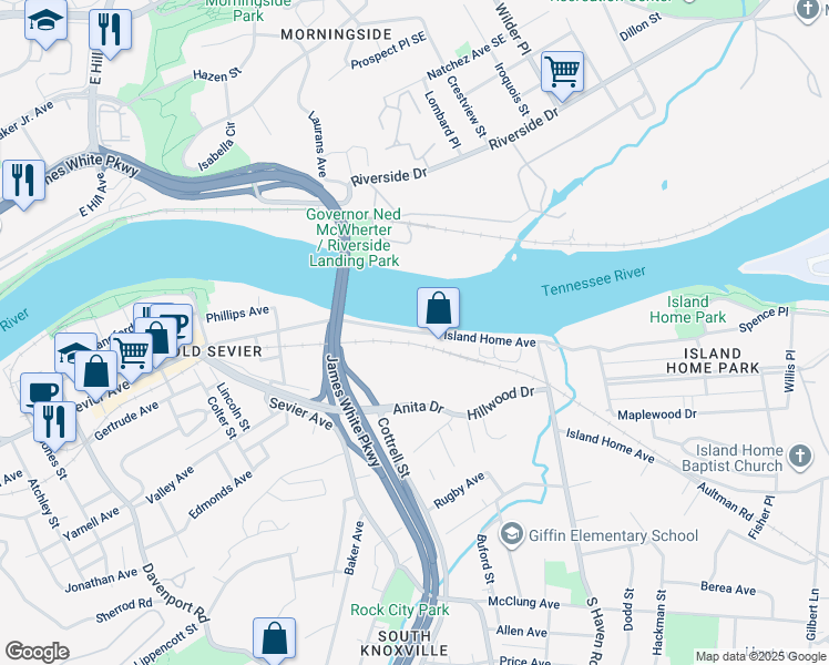 map of restaurants, bars, coffee shops, grocery stores, and more near 1799 Island Home Avenue in Knoxville