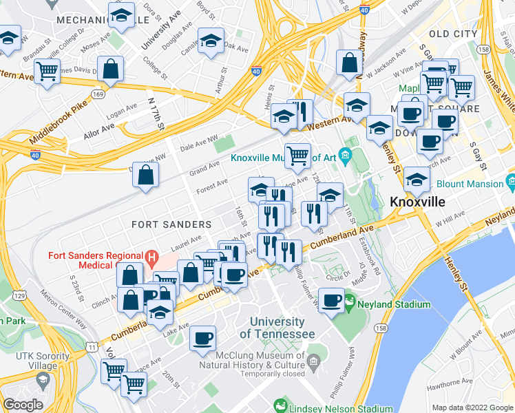 map of restaurants, bars, coffee shops, grocery stores, and more near 1520 Highland Avenue in Knoxville