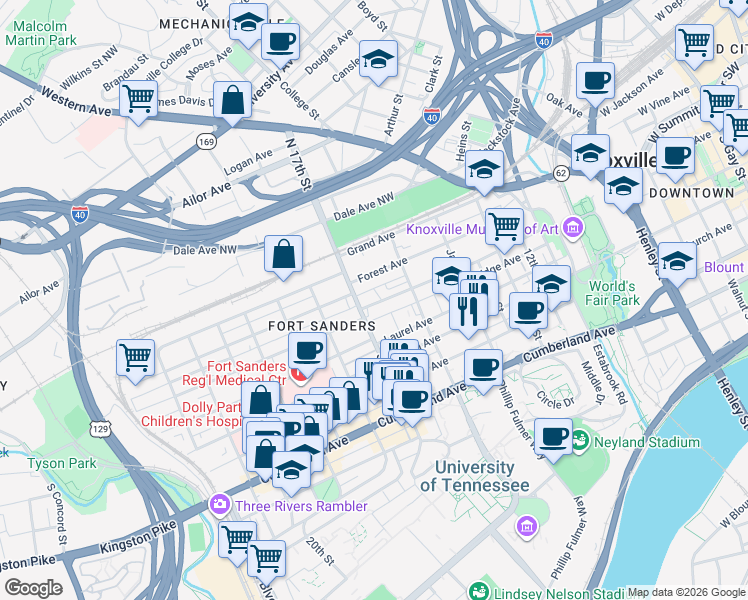 map of restaurants, bars, coffee shops, grocery stores, and more near 1632 Forest Avenue in Knoxville