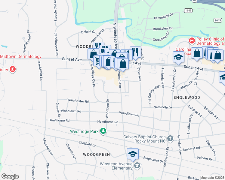 map of restaurants, bars, coffee shops, grocery stores, and more near 160 South Winstead Avenue in Rocky Mount