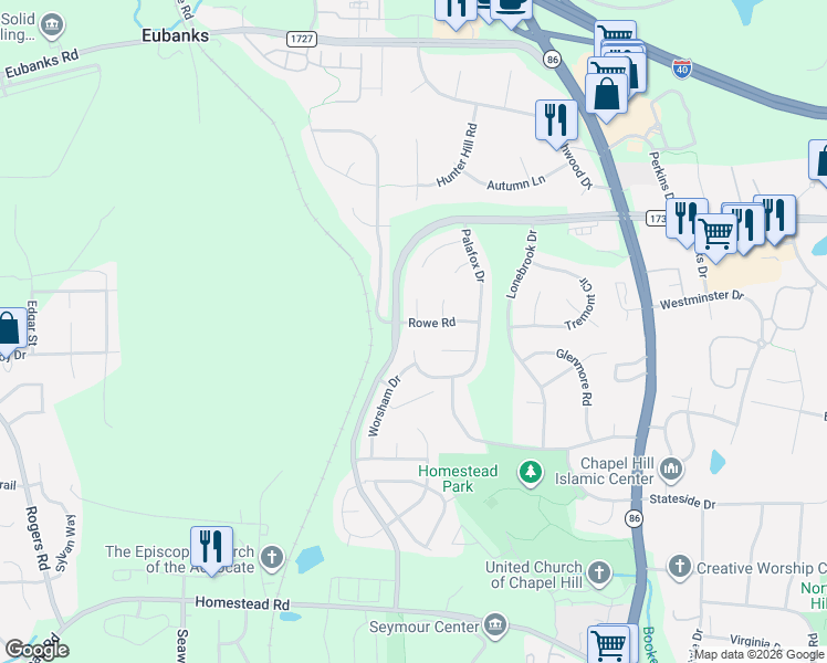 map of restaurants, bars, coffee shops, grocery stores, and more near 103 Barton Lane in Chapel Hill