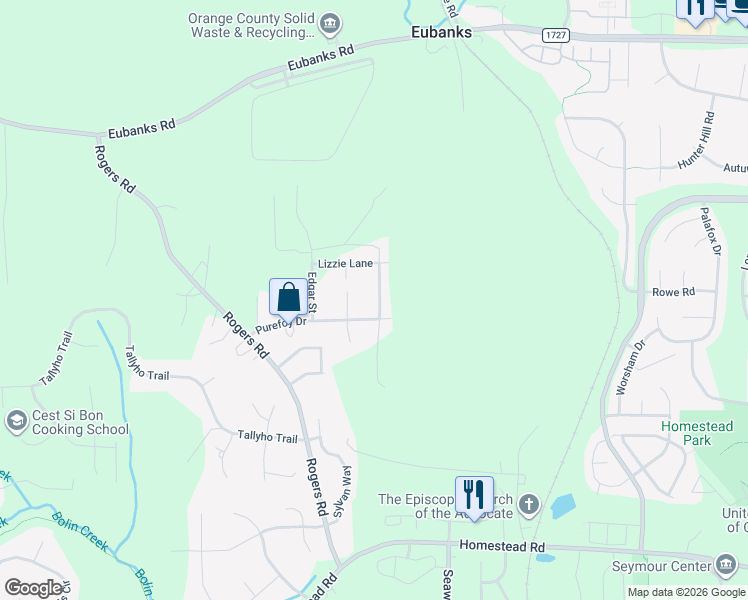 map of restaurants, bars, coffee shops, grocery stores, and more near 115 Phoenix Drive in Chapel Hill