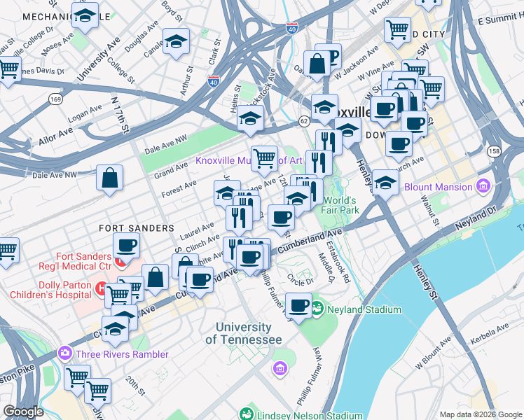 map of restaurants, bars, coffee shops, grocery stores, and more near in Knoxville