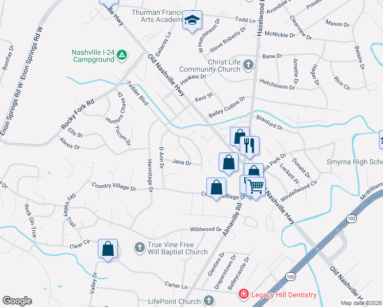 map of restaurants, bars, coffee shops, grocery stores, and more near 145 Tedder Boulevard in Smyrna