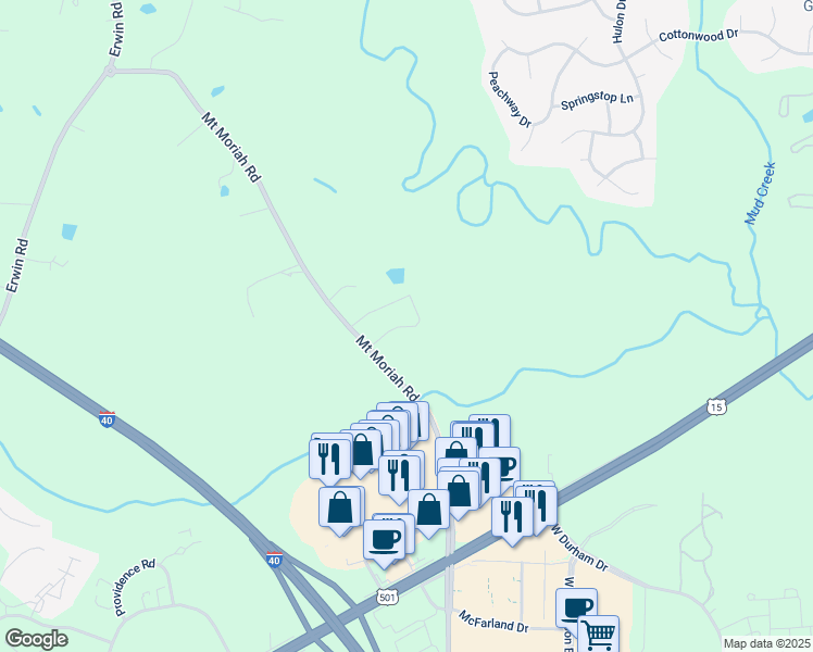 map of restaurants, bars, coffee shops, grocery stores, and more near 5511 Sunlight Drive in Durham