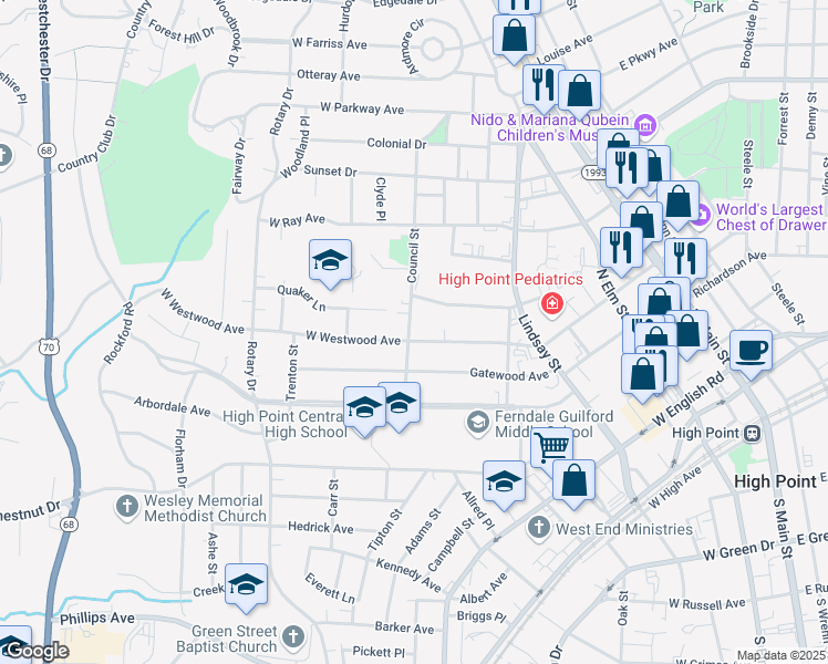 map of restaurants, bars, coffee shops, grocery stores, and more near 632 Westwood Avenue in High Point