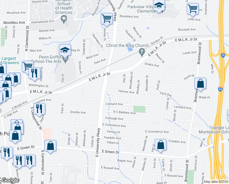 map of restaurants, bars, coffee shops, grocery stores, and more near 1214 Hoover Avenue in High Point