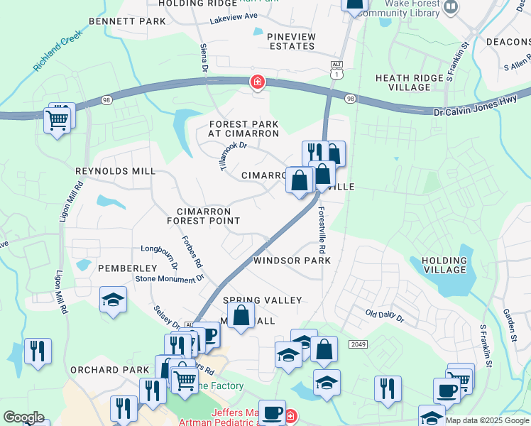 map of restaurants, bars, coffee shops, grocery stores, and more near 101 Vail Springs Court in Wake Forest