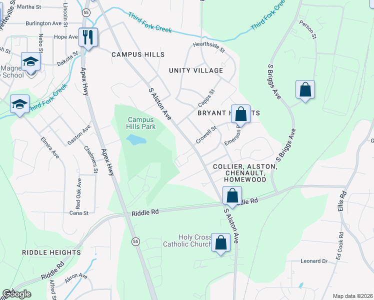 map of restaurants, bars, coffee shops, grocery stores, and more near 2114 South Alston Avenue in Durham
