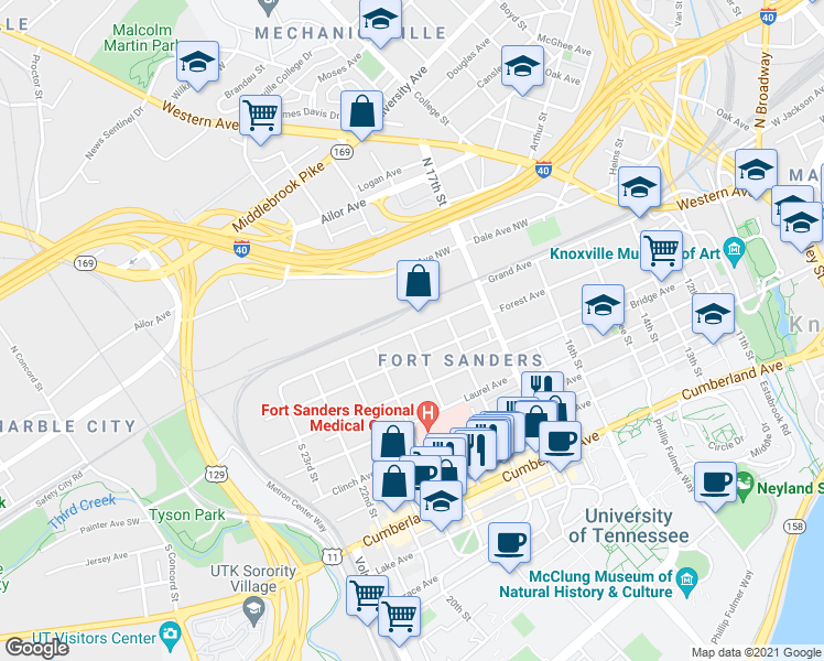 map of restaurants, bars, coffee shops, grocery stores, and more near 1899 Grand Avenue in Knoxville