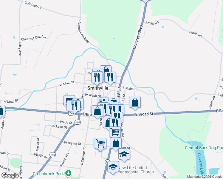 map of restaurants, bars, coffee shops, grocery stores, and more near 100-198 East Walnut Street in Smithville