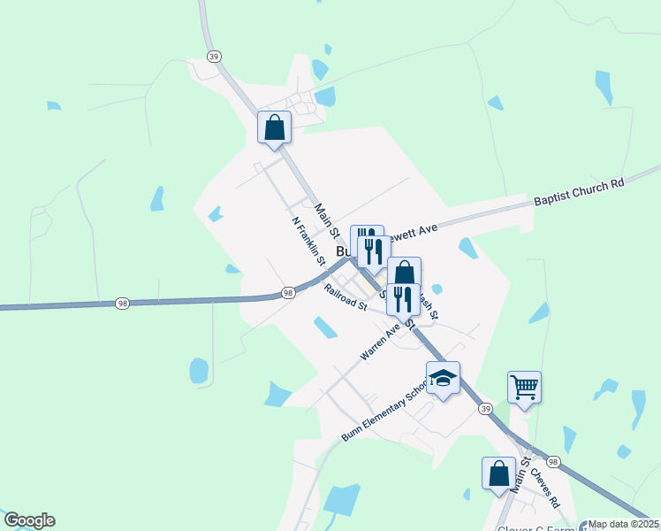 map of restaurants, bars, coffee shops, grocery stores, and more near 112 North Franklin Street in Bunn