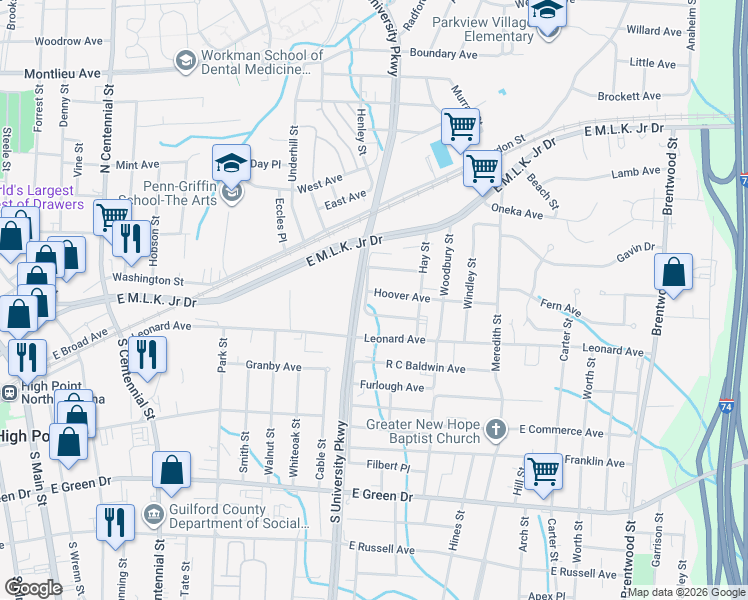 map of restaurants, bars, coffee shops, grocery stores, and more near 1203 Hoover Avenue in High Point