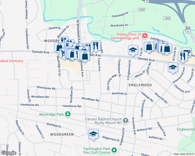map of restaurants, bars, coffee shops, grocery stores, and more near 200 Tyson Avenue in Rocky Mount