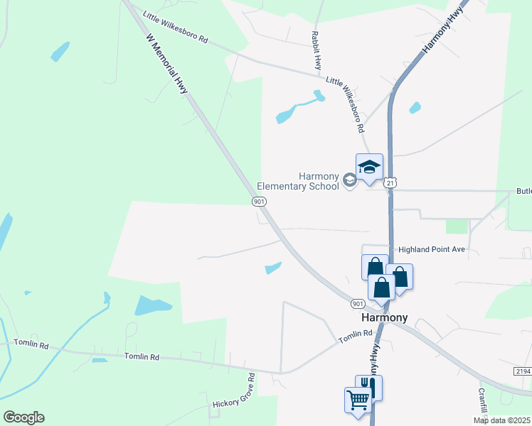 map of restaurants, bars, coffee shops, grocery stores, and more near North Carolina 901 in Harmony