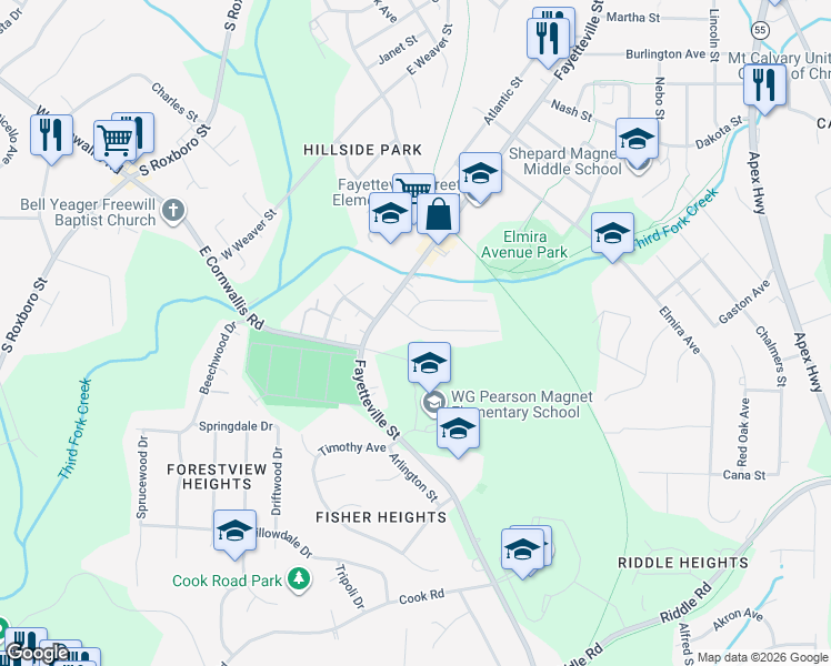 map of restaurants, bars, coffee shops, grocery stores, and more near 3149 Fayetteville Street in Durham