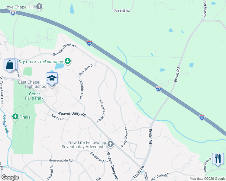 map of restaurants, bars, coffee shops, grocery stores, and more near 112 Swift Run in Chapel Hill