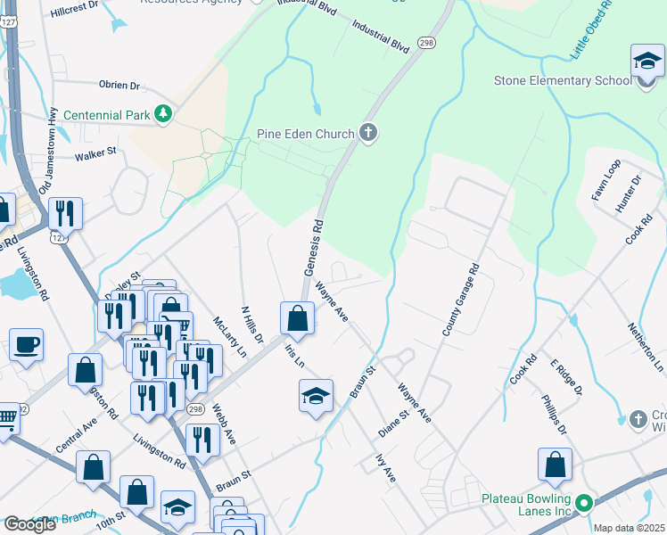 map of restaurants, bars, coffee shops, grocery stores, and more near 652 Genesis Road in Crossville