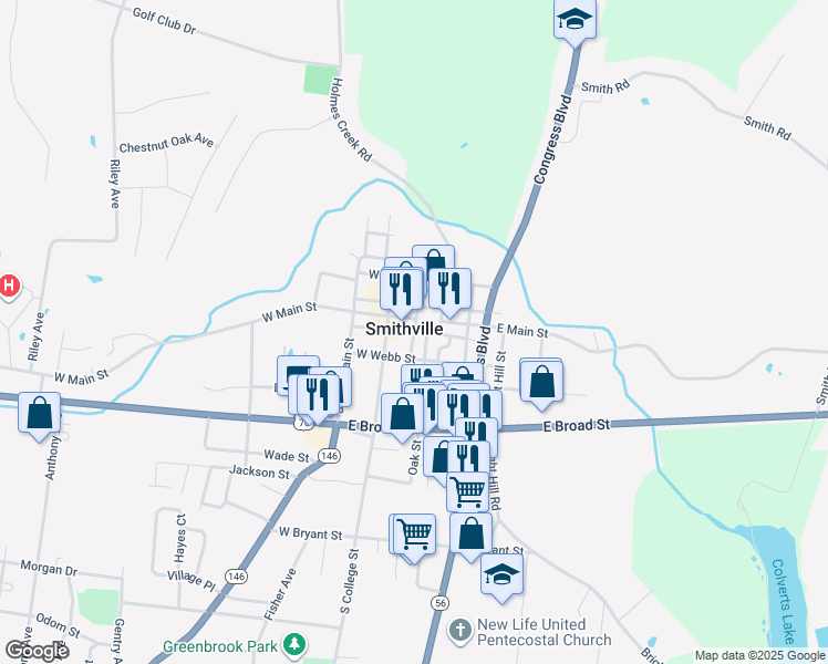 map of restaurants, bars, coffee shops, grocery stores, and more near in Smithville