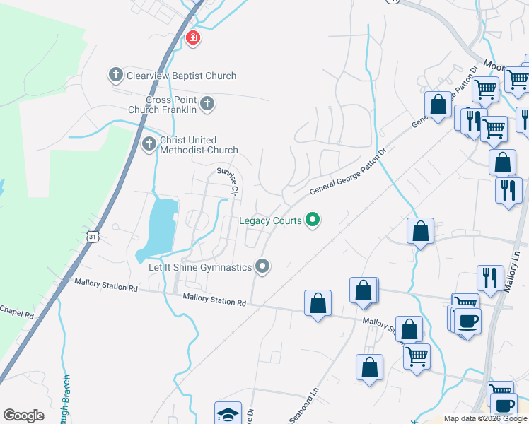 map of restaurants, bars, coffee shops, grocery stores, and more near 1523 Brentwood Point in Franklin
