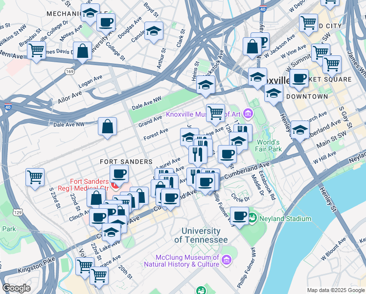 map of restaurants, bars, coffee shops, grocery stores, and more near 1520 Highland Avenue in Knoxville