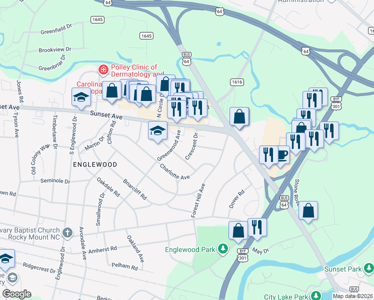 map of restaurants, bars, coffee shops, grocery stores, and more near 107 Greenwood Avenue in Rocky Mount