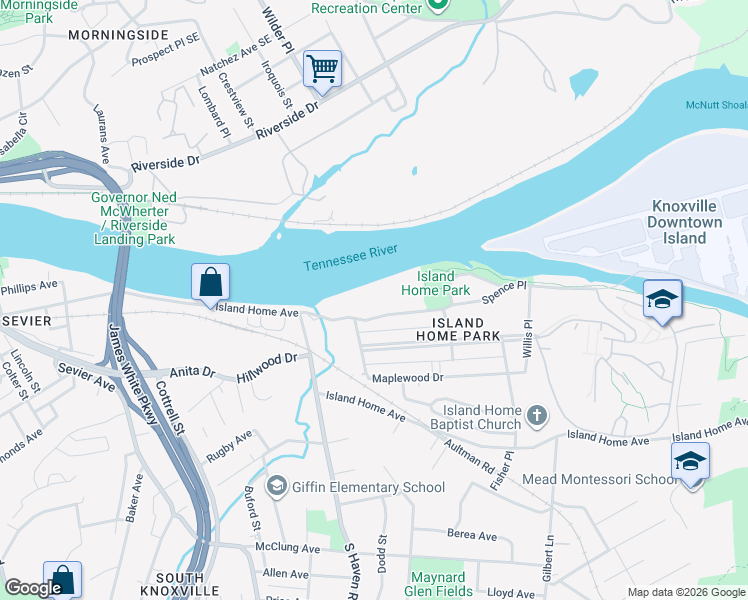 map of restaurants, bars, coffee shops, grocery stores, and more near 2021 Spence Place in Knoxville