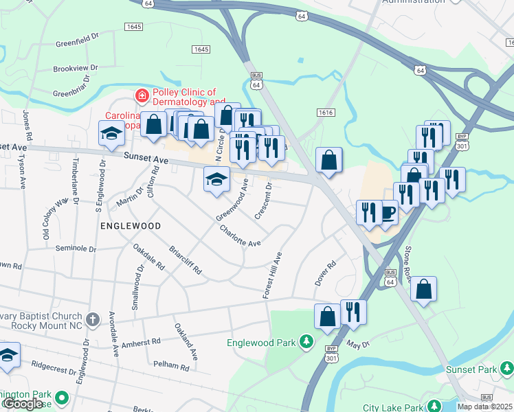 map of restaurants, bars, coffee shops, grocery stores, and more near 107 Greenwood Avenue in Rocky Mount