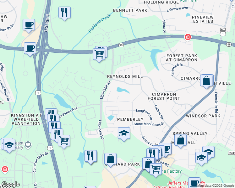 map of restaurants, bars, coffee shops, grocery stores, and more near 700 Pitchback Mill Court in Wake Forest