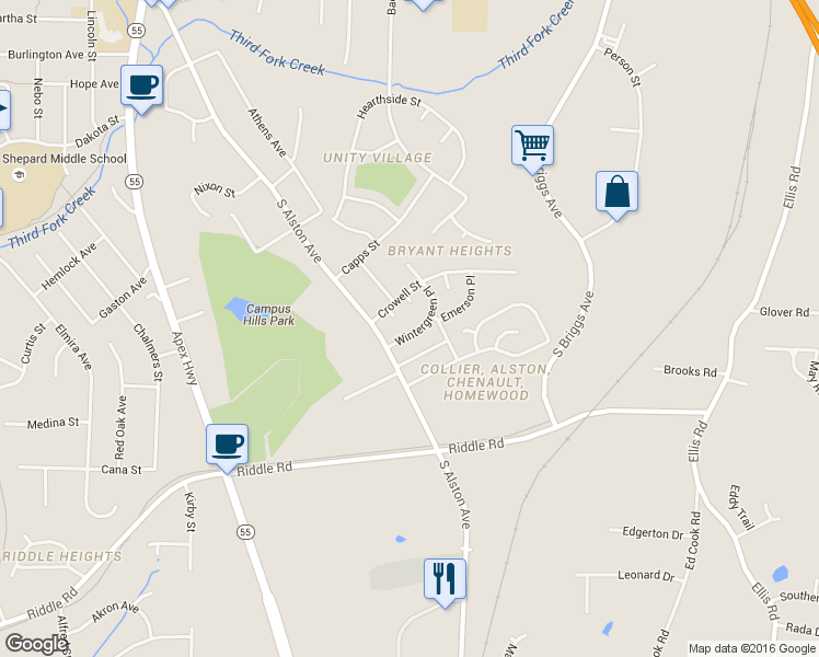 map of restaurants, bars, coffee shops, grocery stores, and more near 2310 Wintergreen Place in Durham