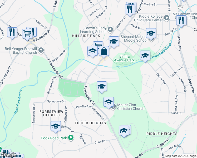 map of restaurants, bars, coffee shops, grocery stores, and more near 3149 Fayetteville Street in Durham